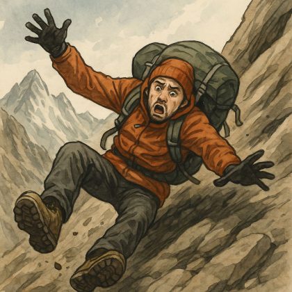 Ilustrasi pendaki tergelincir, pengingat untuk tetap waspada saat naik gunung.