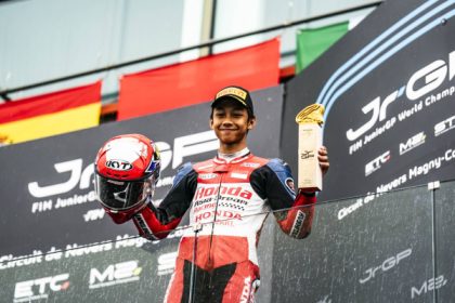 M. Kiandra Ramadhipa berhasil juara dalam race pertama balap European Talent Cup (ETC) di Prancis. Foto: Dok. Astra Honda Motor (AHM)