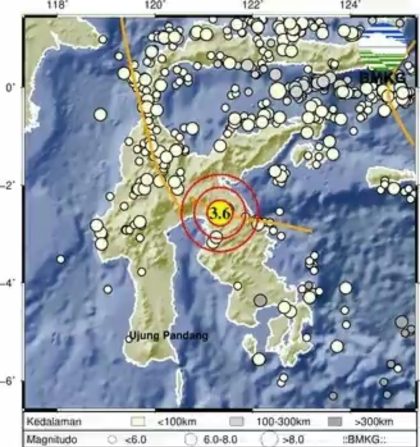 Peta lokasi gempa di Luwu Timur dengan magnitudo 3.6 pada 7 Juli 2025 berdasarkan data BMKG