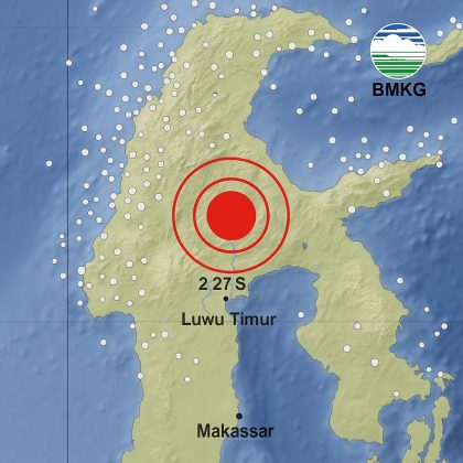 Peta digital gempa bumi yang menunjukkan lokasi pusat gempa di barat laut Luwu Timur, Sulawesi Selatan, dengan kedalaman 10 kilometer dan koordinat 2,27 LS dan 120,81 BT berdasarkan data BMKG pada 5 Juli 2025.