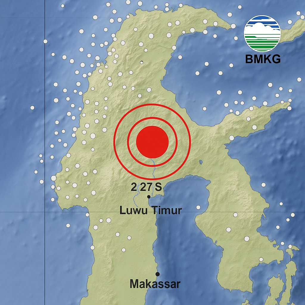 Peta digital gempa bumi yang menunjukkan lokasi pusat gempa di barat laut Luwu Timur, Sulawesi Selatan, dengan kedalaman 10 kilometer dan koordinat 2,27 LS dan 120,81 BT berdasarkan data BMKG pada 5 Juli 2025.