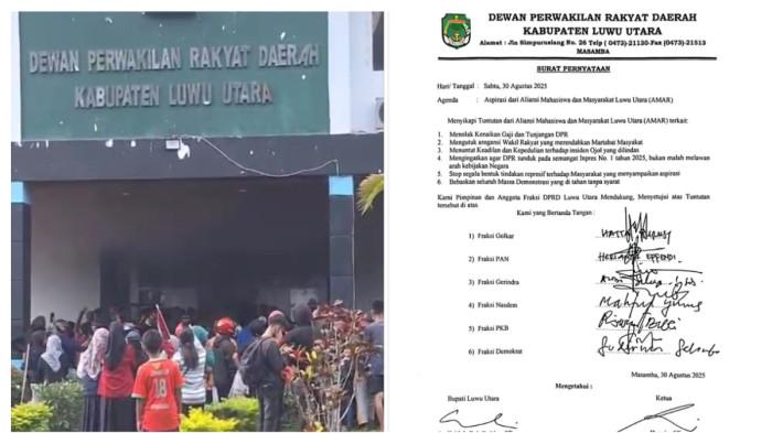 Penolakan kenaikan gaji DPR oleh mahasiswa dan masyarakat di depan Kantor DPRD Luwu Utara, Sulawesi Selatan