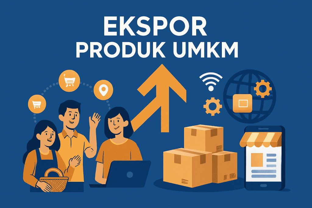 Ilustrasi ekspor produk UMKM dengan pelaku usaha kecil dan ikon digitalisasi seperti e-commerce, logistik, dan teknologi global.