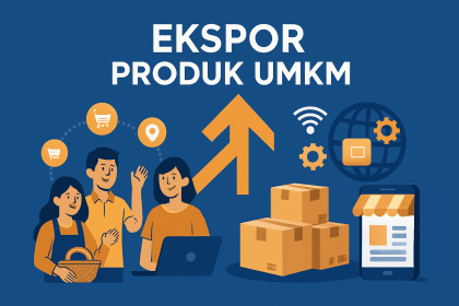 Ilustrasi ekspor produk UMKM dengan pelaku usaha kecil dan ikon digitalisasi seperti e-commerce, logistik, dan teknologi global.