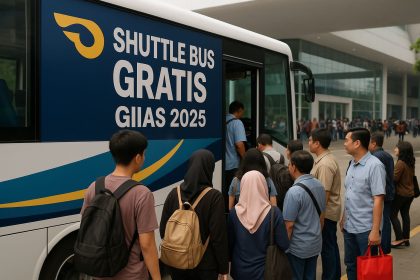 Pengunjung mengantre naik shuttle bus gratis GIIAS 2025 untuk menghindari kemacetan di sekitar lokasi pameran.