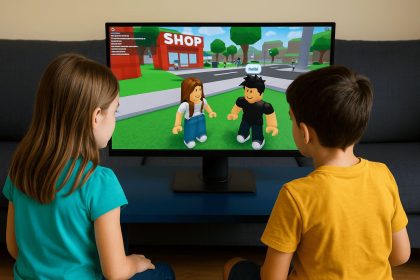 Dua anak sedang bermain gadget di rumah sambil mengakses game Roblox