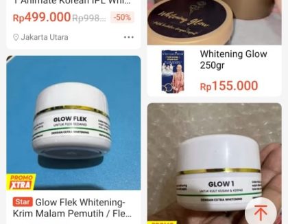 Tangkapan layar produk skincare ilegal yang dijual bebas di marketplace online.