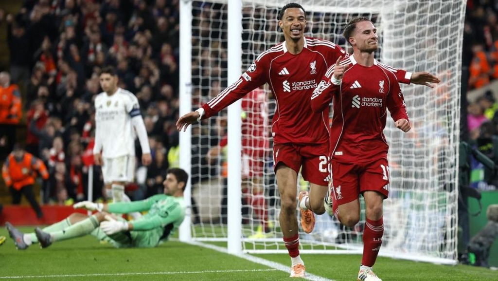 Pemain Liverpool merayakan gol pada laga Liverpool vs Real Madrid.