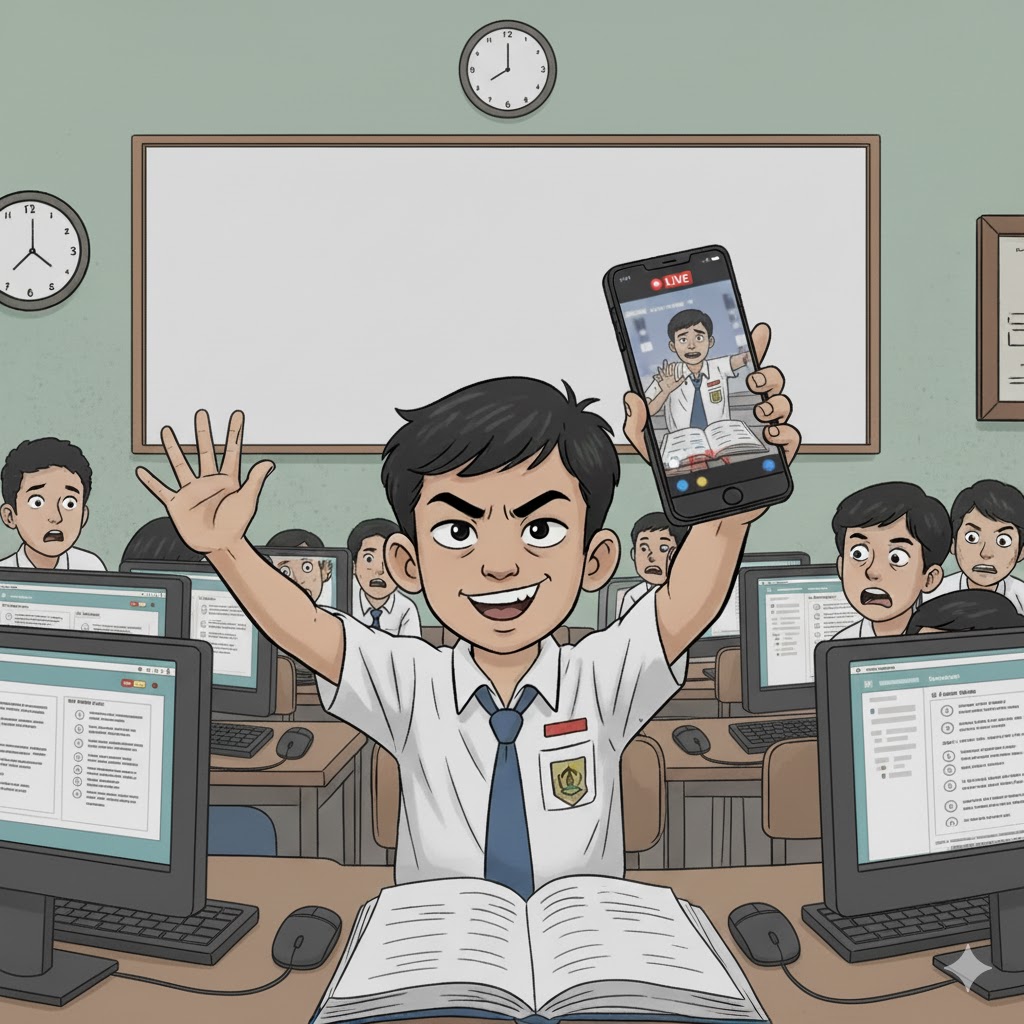 Siswa live TikTok ujian TKA di ruang kelas saat pelaksanaan Tes Kemampuan Akademik SMA